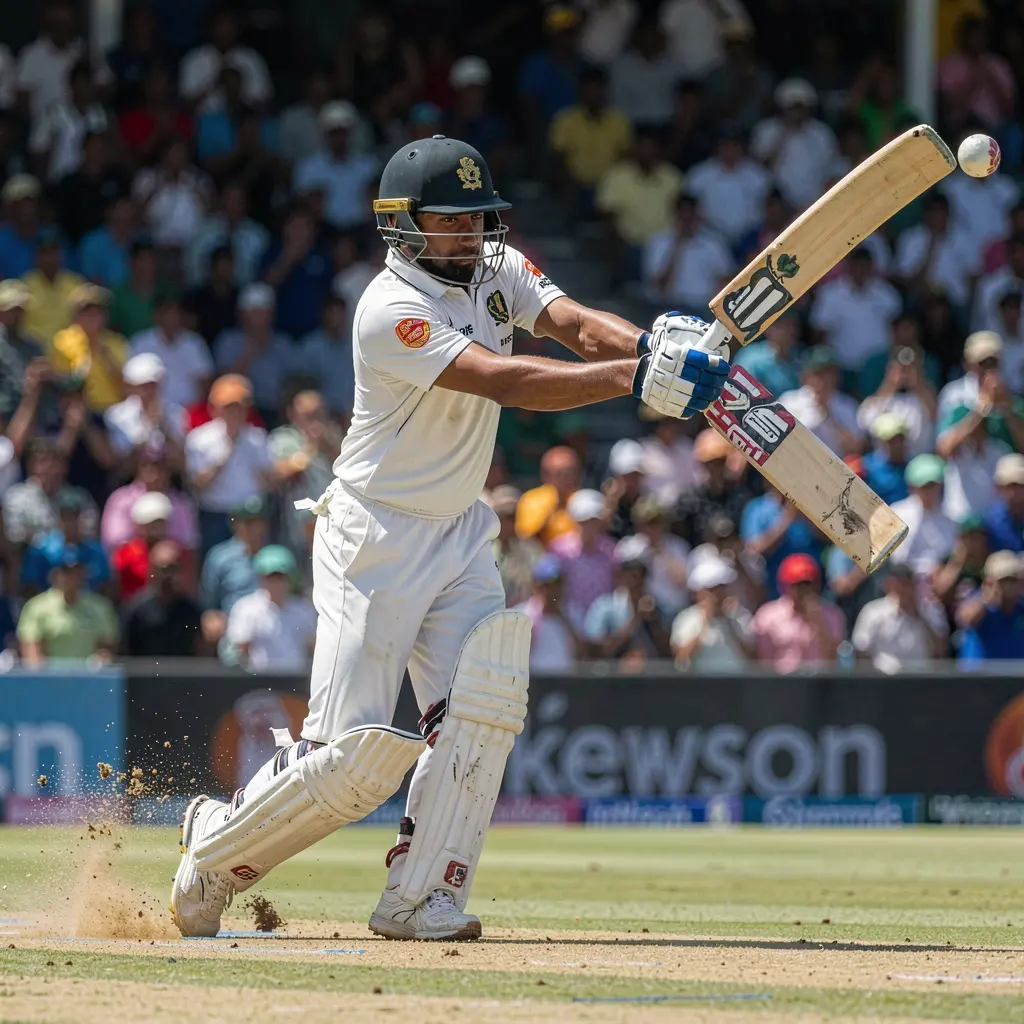 Dynamic cricket moment with a batsman striking the ball in front of cheering fans representing thrilling live betting action on 9K999 in Bangladesh