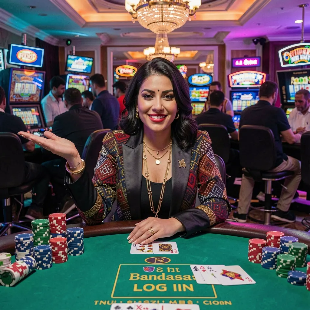 Confident casino dealer at a poker table with stacked chips and luxury decor representing the premium live casino experience at 9K999 for players in Bangladesh