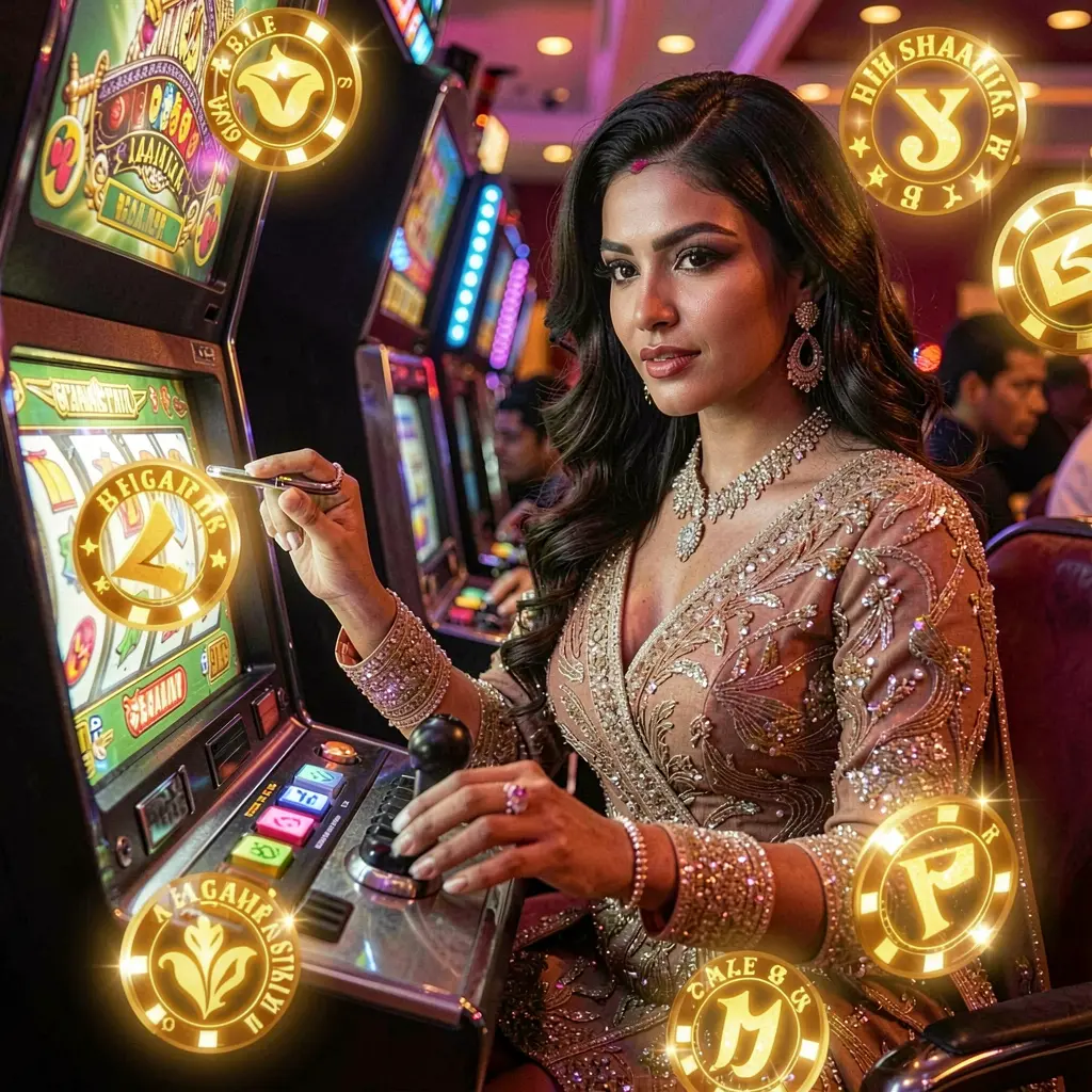 Elegant woman in a luxury red outfit standing near bright slot machines in a modern casino atmosphere at 9K999 online casino for players in Bangladesh